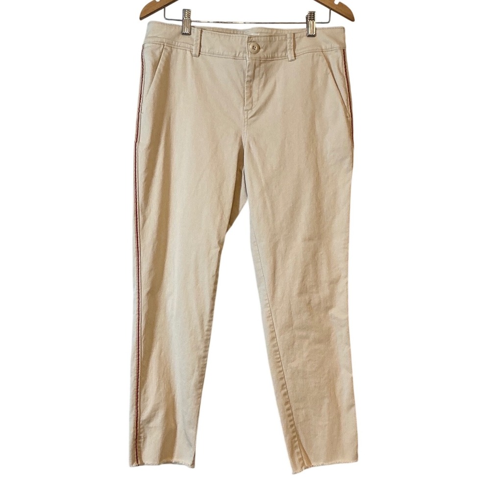 Loft Marisa Straight Leg Pants Cream Red Side Stripe Raw Hem Womens 10 471696
